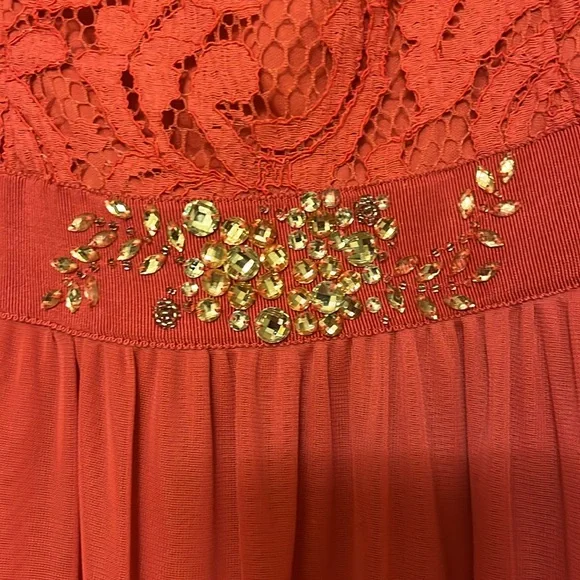 Adrianna Papell Women’s Spaghetti-Strap Lace Formal Prom Gown in French Coral - Picture 5 of 6